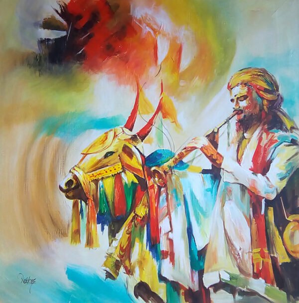 Image: Canvas painting showcasing Nandi with a sadhu