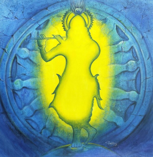 Image: Canvas painting of Lord Krishna Standing in blue and yellow shades