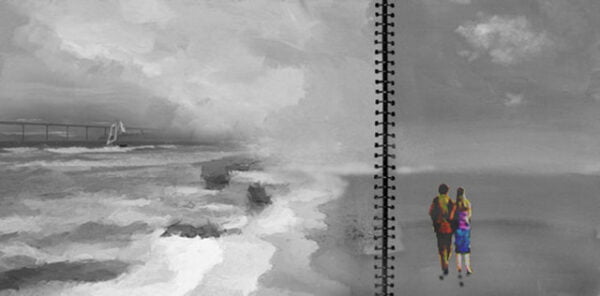 Image: Canvas Painting of a beach side walk of a couple