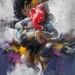 Ganesha Canvas Painting Playing Mrudanga drum in coral red, with swirling gold, purple and grey abstract background