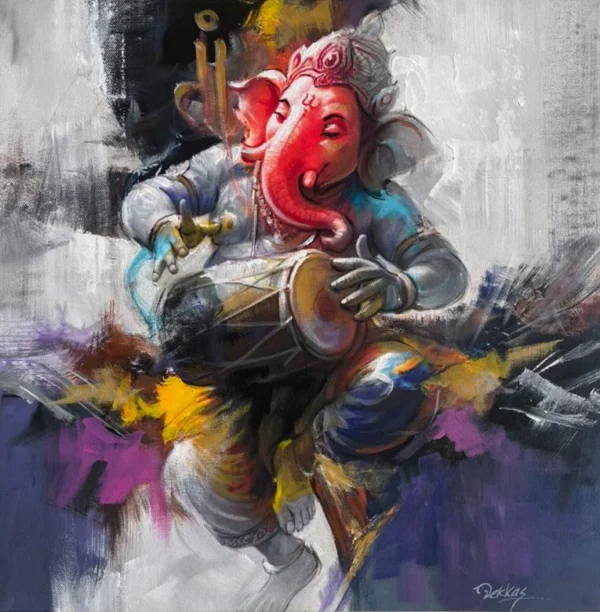 Ganesha Canvas Painting Playing Mrudanga drum in coral red, with swirling gold, purple and grey abstract background
