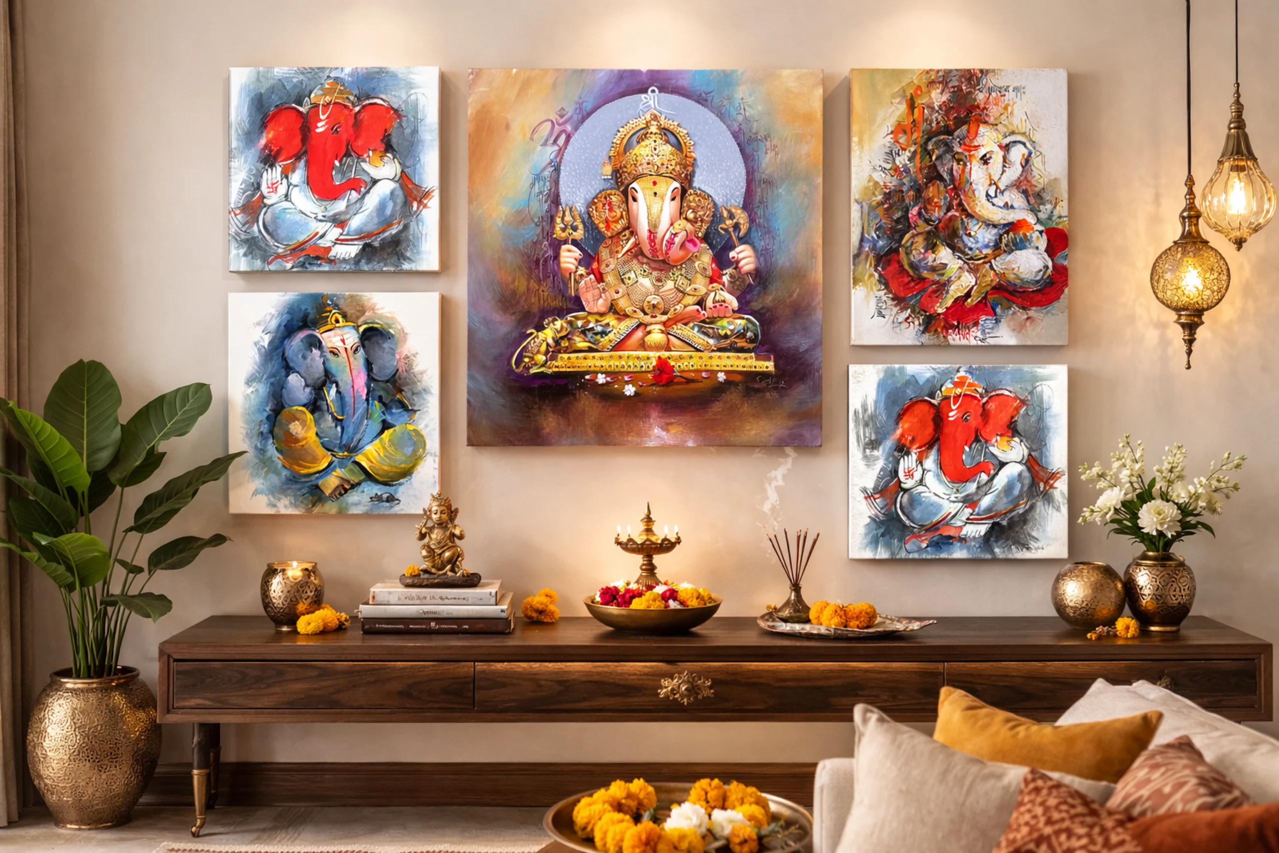 Gallery-wall arrangement of five Ganesh painting on canvas pieces in varied colour palettes, styled in a contemporary Indian home interior
