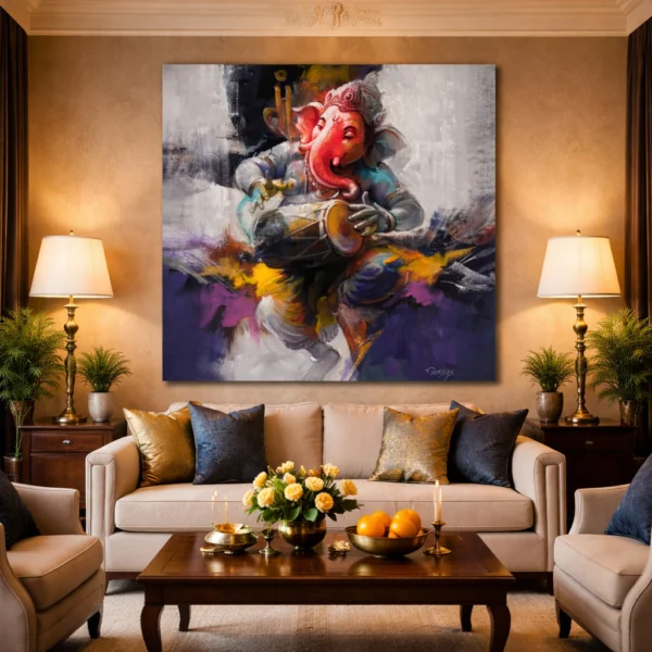 Dancing Ganesha canvas painting India Nritya Ganapati mrudanga wall art by Dekkas, Aratce Studio