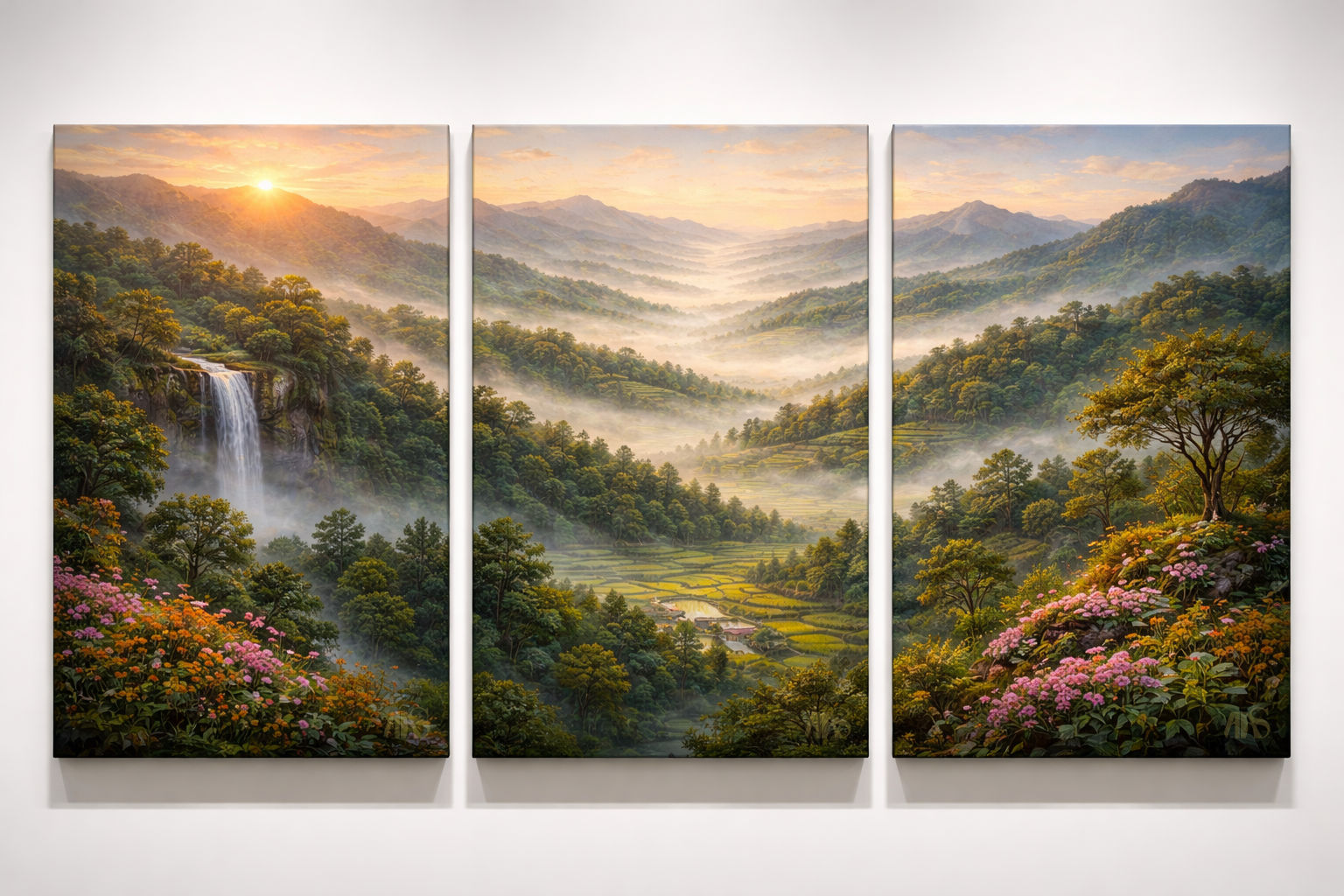 A triptych of three handcrafted landscape oil paintings displayed side-by-side on a gallery white wall, showing a continuous panoramic scene of misty Western Ghats hills of India Maharashtra at dawn.