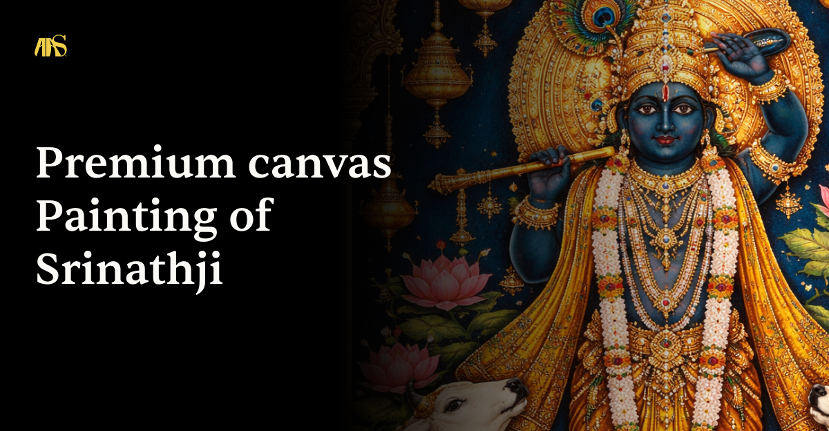 A detailed Pichwai-style handcrafted acrylic Indian paintings online on premium canvas featuring Srinathji surrounded by lotuses and cows, rich in gold and deep blue tones