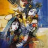 Radha Krishna Canvas painting in cobalt blue and gold Krishna playing bansuri with red lotus, expressionist style