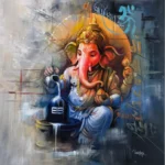Lord Shiv Ganesh canvas painting performing abhisheka to the Shivling in saffron and gold tones