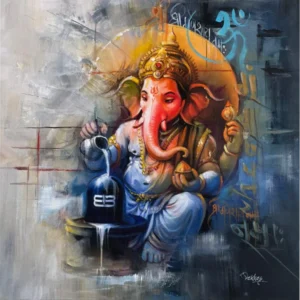 Lord Shiv Ganesh canvas painting performing abhisheka to the Shivling in saffron and gold tones