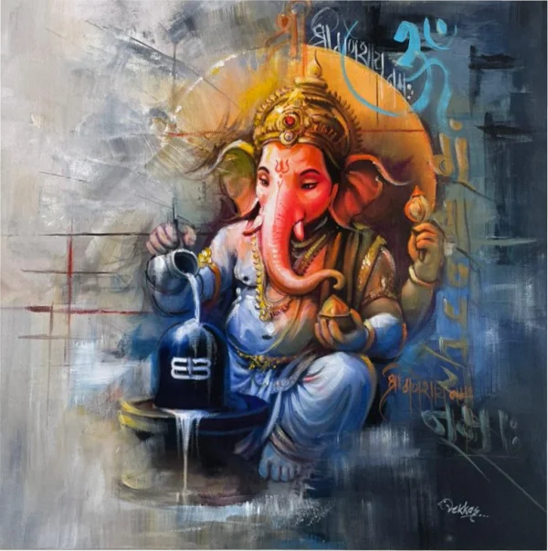 Lord Shiv Ganesh canvas painting performing abhisheka to the Shivling in saffron and gold tones