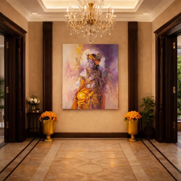 Shri Krishna canvas painting for living room India — devotional wall art by Aratce Studio