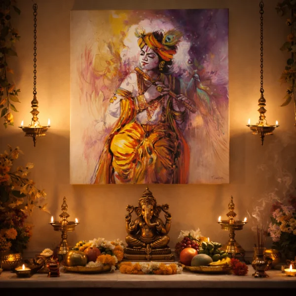 Shri Krishna devotional canvas painting displayed above sofa in Indian drawing room for Diwali gifting