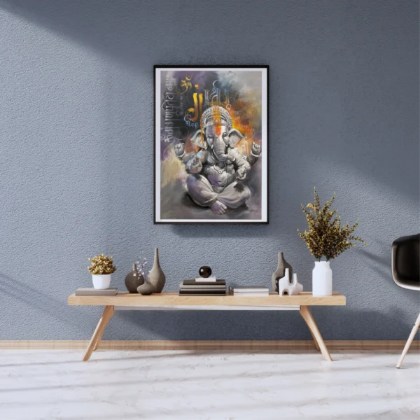 Classic Ganesha canvas painting in grey tones with Om calligraphy background in purple gold and saffron by artist