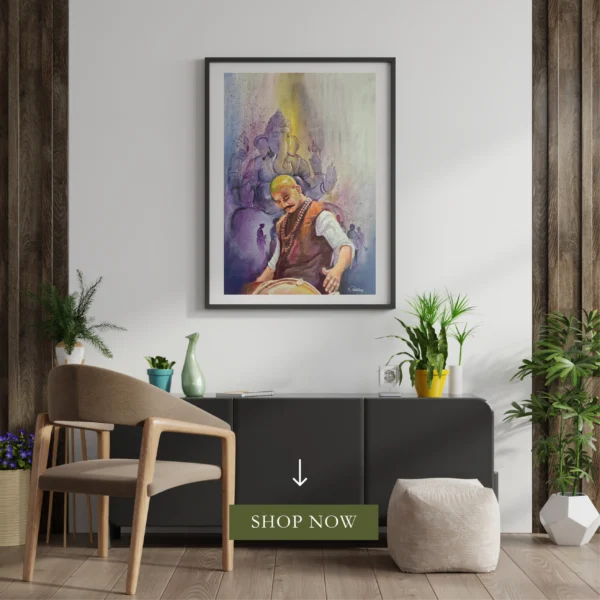 Ganesha dhol tasha painting with spiritual festival drummer artwork on canvas