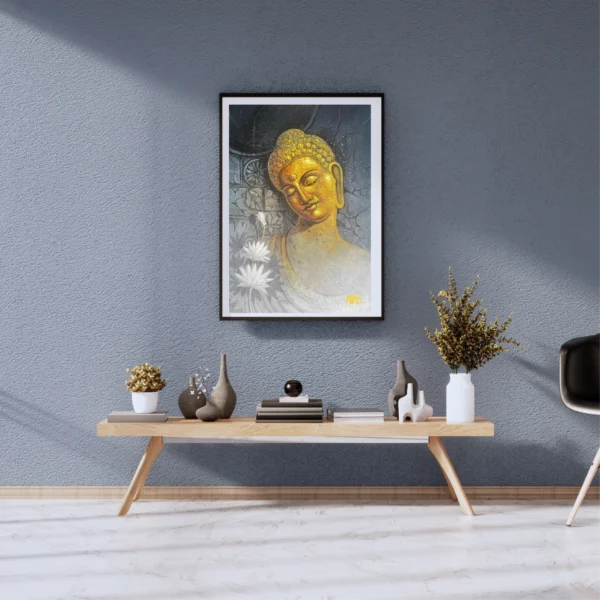 Buddha canvas painting with golden meditative spiritual artwork on canvas