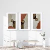 Rectangle geometric abstract canvas painting triptych with terracotta, ivory plaster, jute rope circles and silver wire on three vertical panels