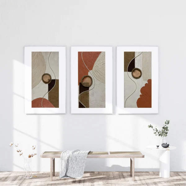 Rectangle geometric abstract canvas painting triptych with terracotta, ivory plaster, jute rope circles and silver wire on three vertical panels