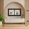 Gematric Abstract 2 — two-panel geometric abstract canvas painting with circular and diamond forms in ivory, red, and brown textured mixed-media