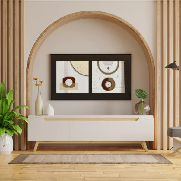 Gematric Abstract 2 — two-panel geometric abstract canvas painting with circular and diamond forms in ivory, red, and brown textured mixed-media