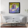 Abstract vintage window painting with bicycle silhouette and textured pastel acrylic artwork on canvas