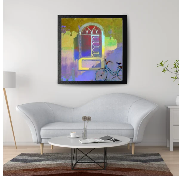 Abstract vintage window painting with bicycle silhouette and textured pastel acrylic artwork on canvas