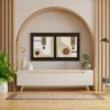 Abstract canvas painting with jute rope, corrugated rectangle, circular forms and a deep red diamond in warm ivory and beige tones