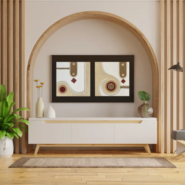 Abstract canvas painting with jute rope, corrugated rectangle, circular forms and a deep red diamond in warm ivory and beige tones