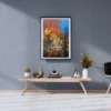 Autumn Garden Path landscape canvas painting with orange red autumn trees white wildflowers wooden fence street lamp and cobalt blue sky