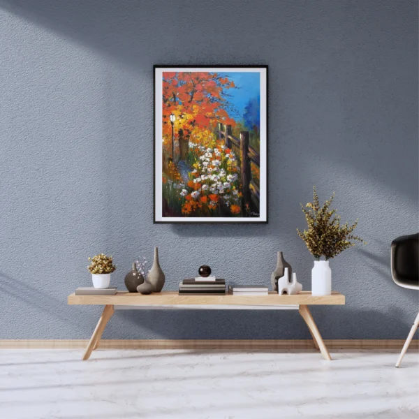 Autumn Garden Path landscape canvas painting with orange red autumn trees white wildflowers wooden fence street lamp and cobalt blue sky